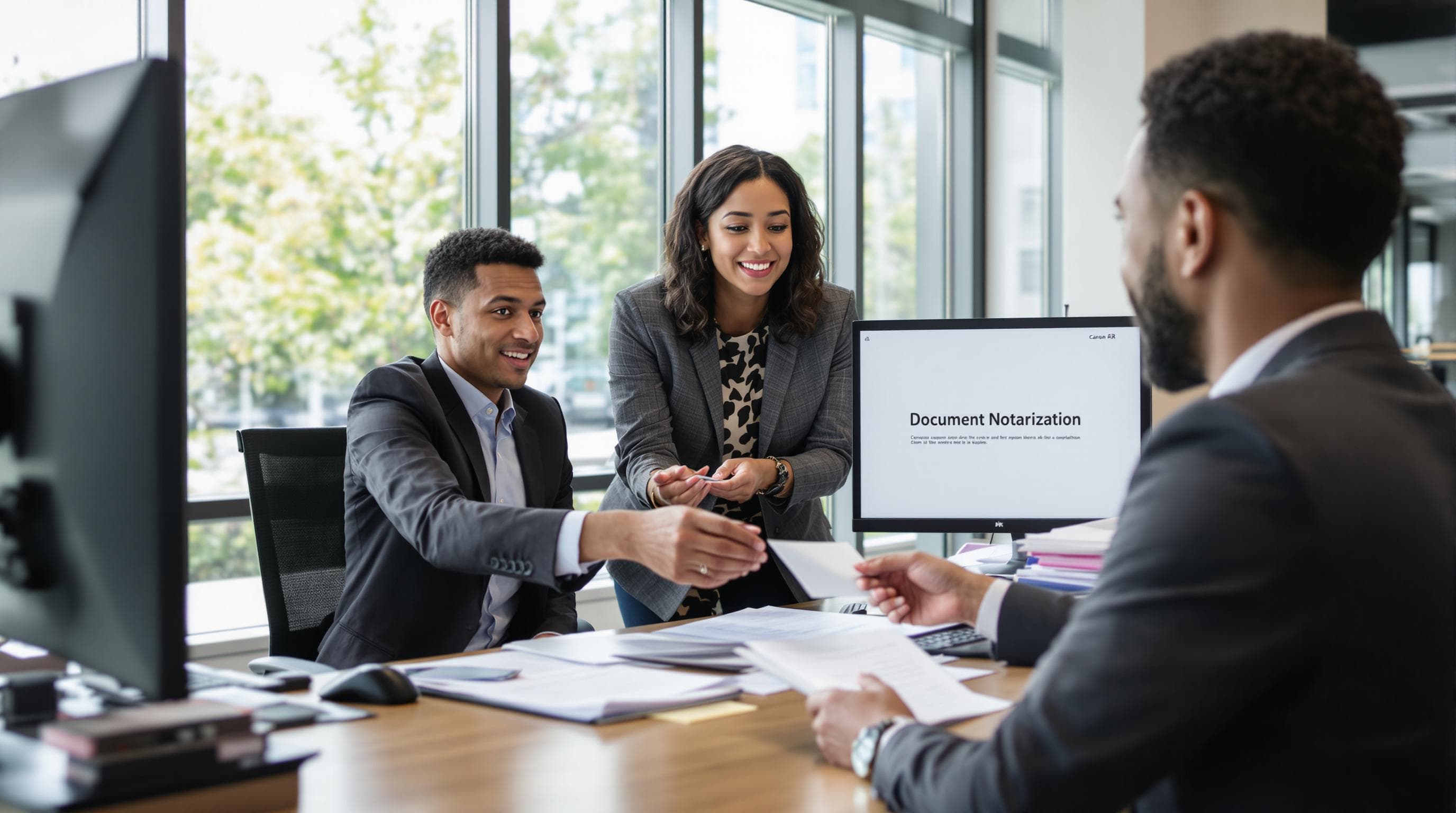 Ontario law office notary reviews ID and documents with clients