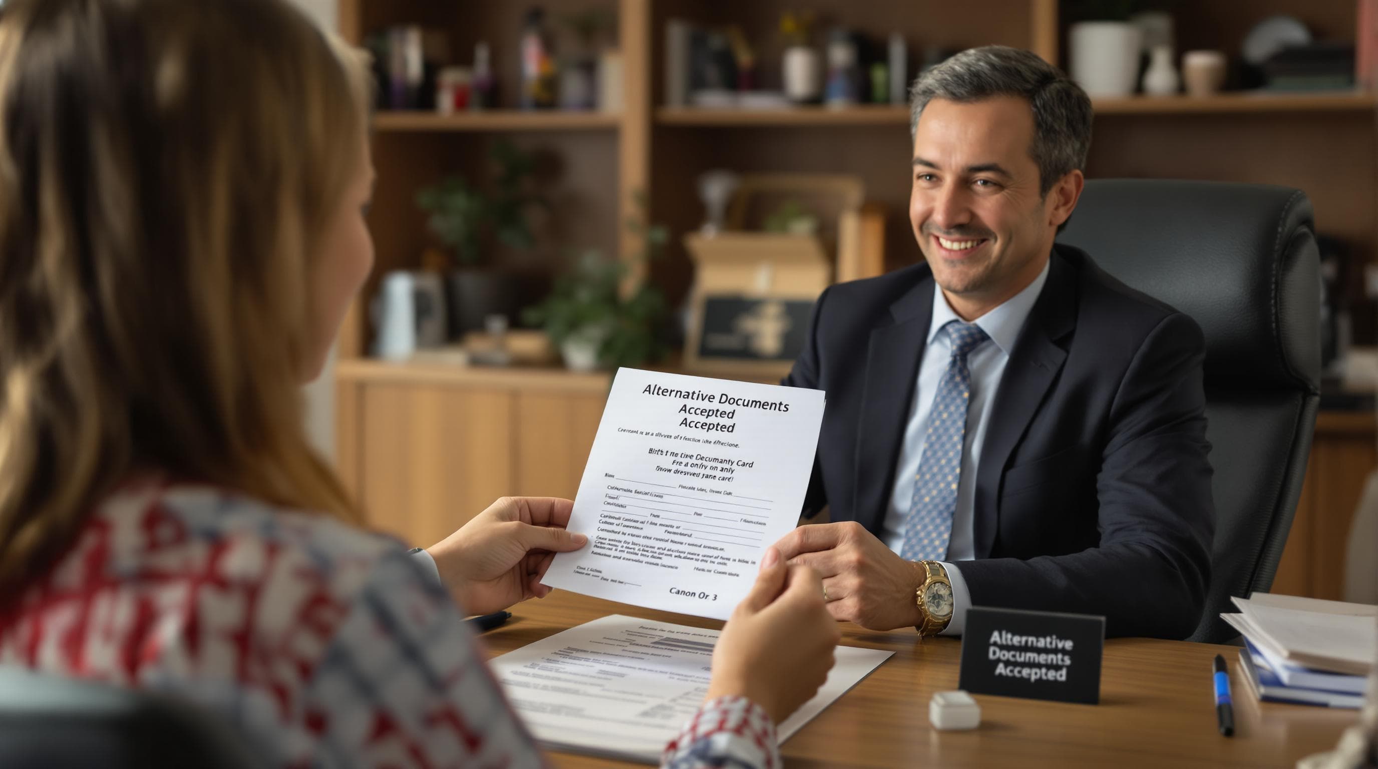 Notary reviewing alternative documents like affidavit for client