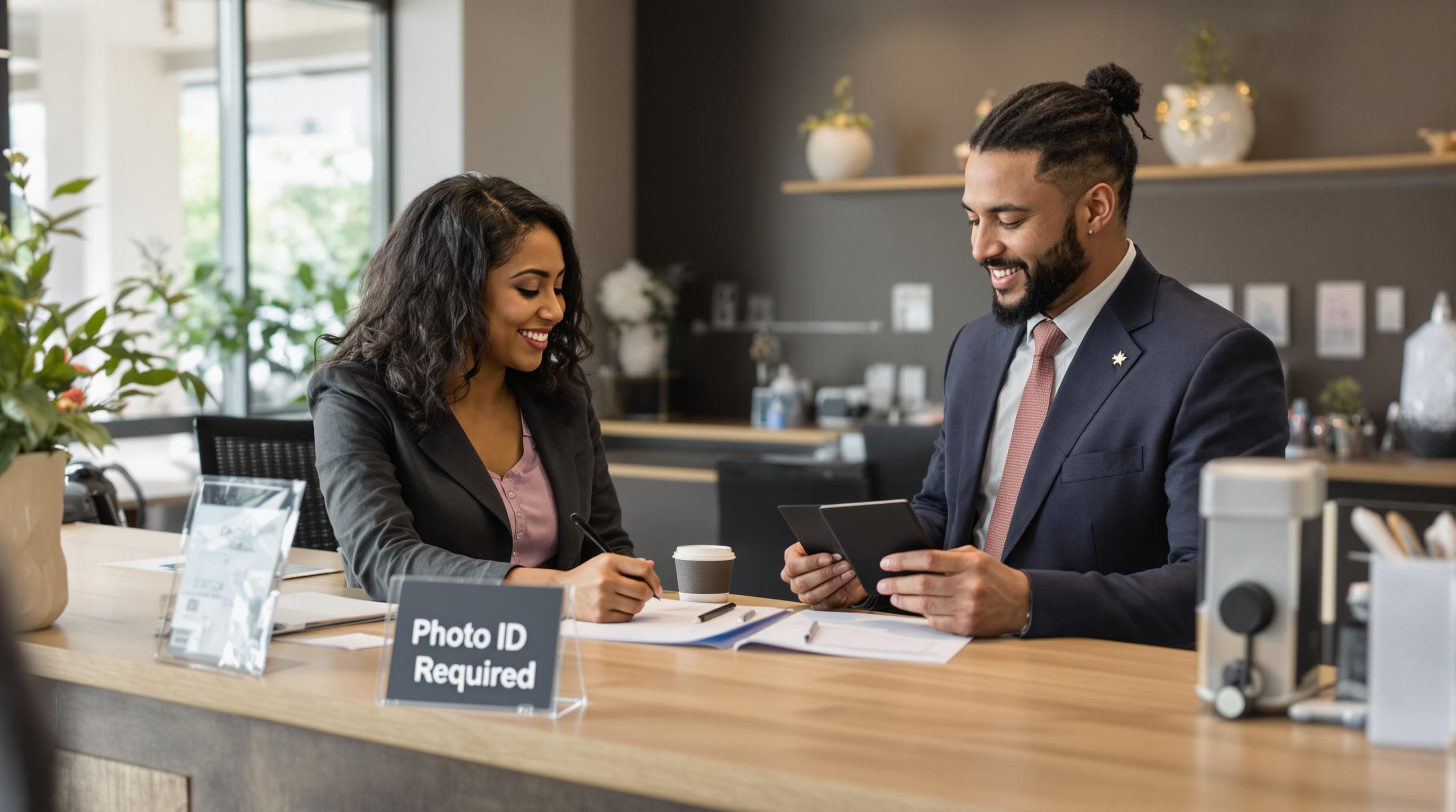 Notary public verifying client's government photo ID at Ontario office
