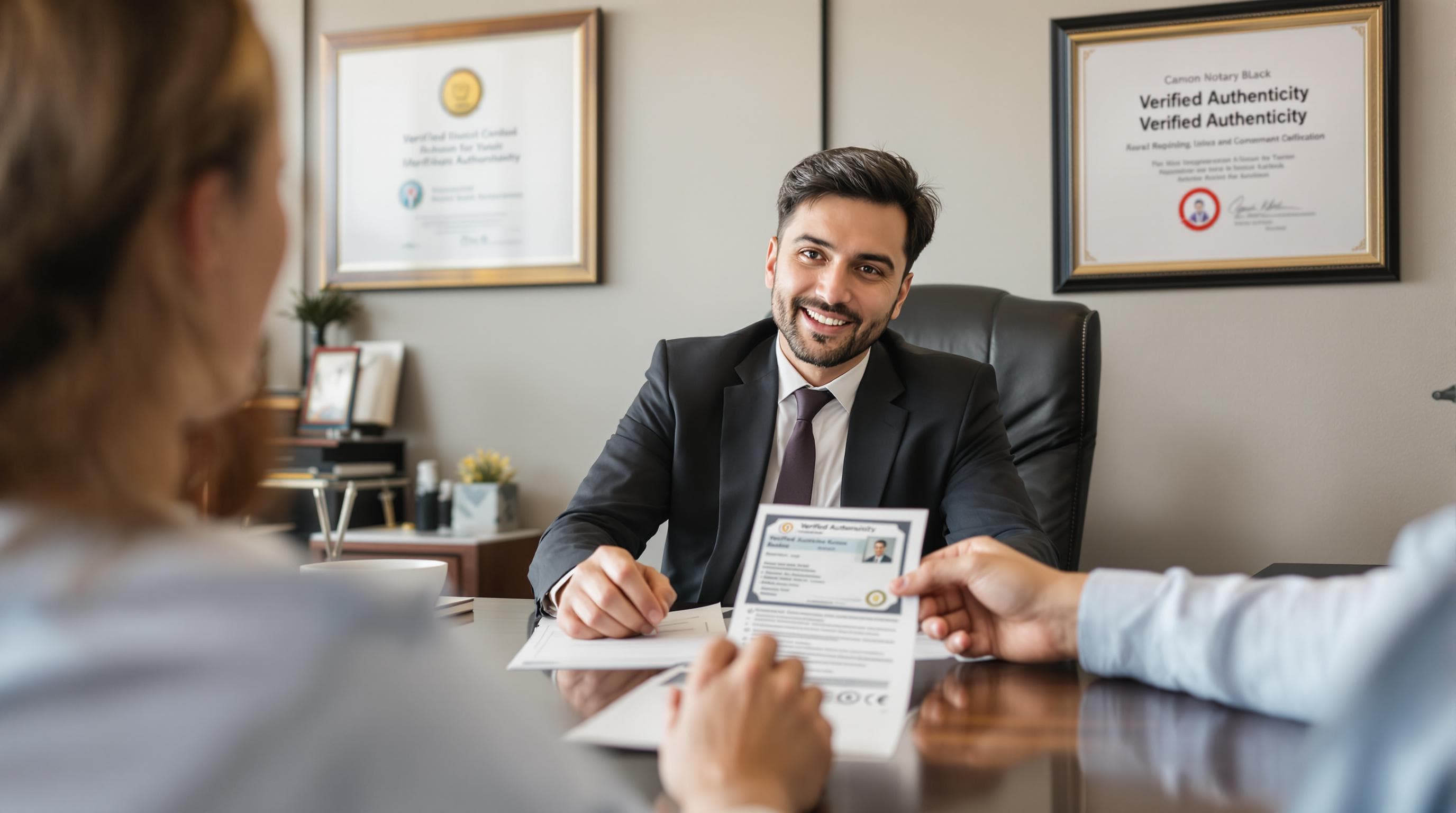 Notary verifying ID and documents, with 'Verified Authenticity' text on wall certificate