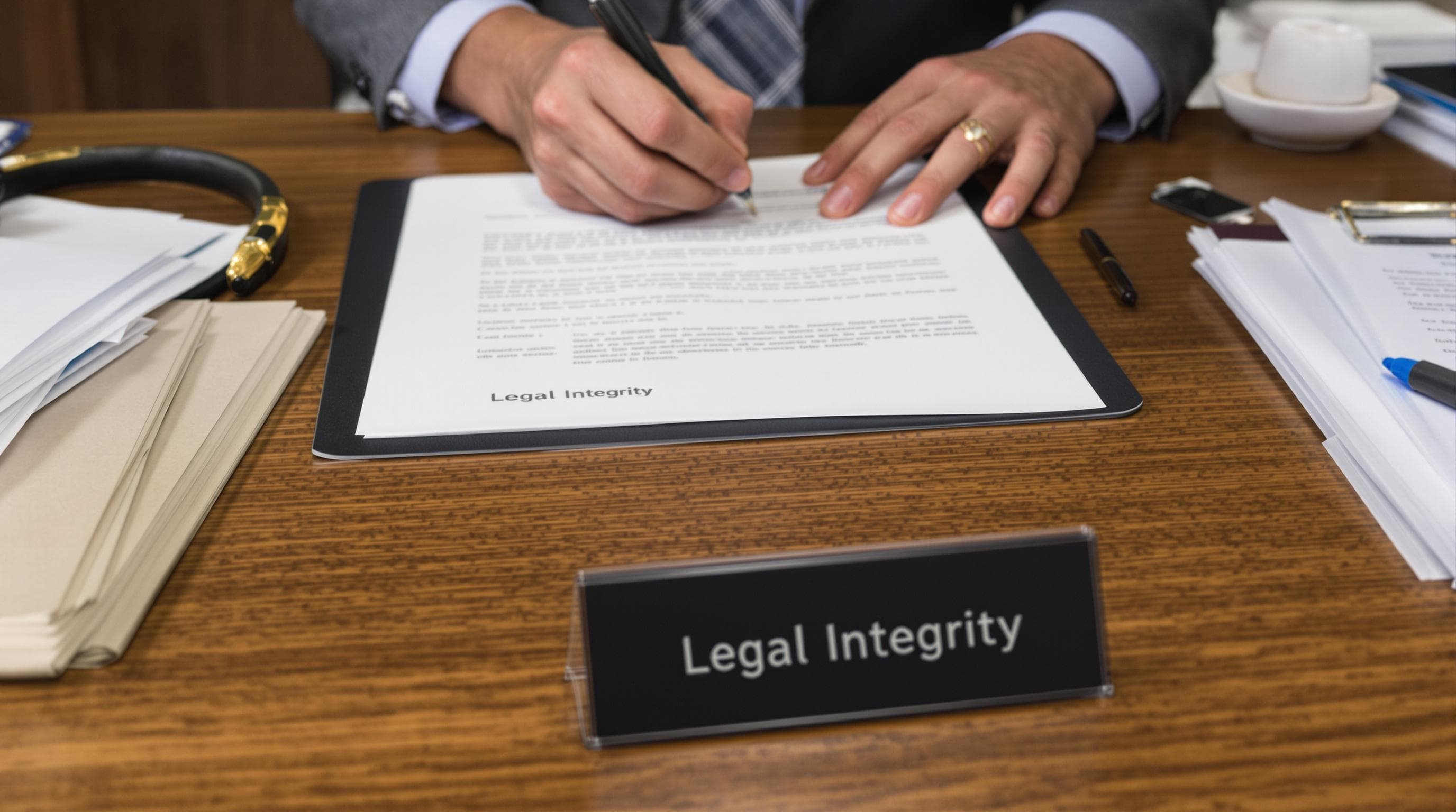 Notary stamping document, checking ID, 'Legal Integrity' sign on desk
