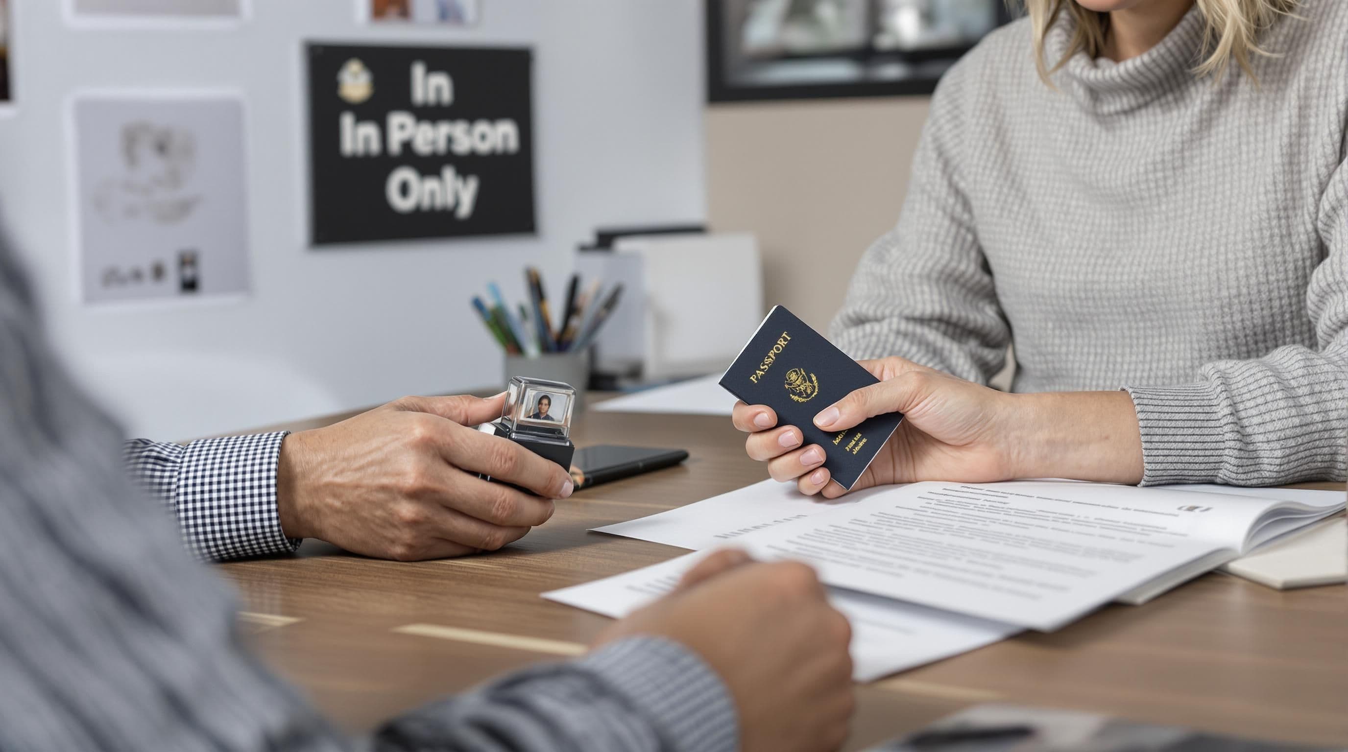 Notary checking ID and witnessing client signature in-person