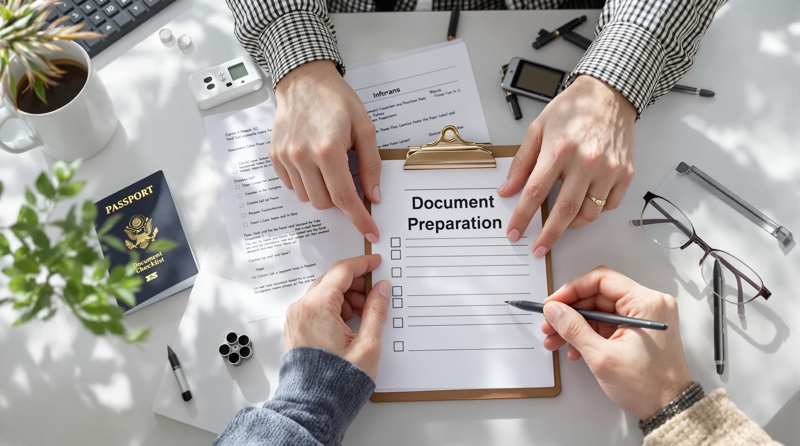 Hands organize original documents and ID with 'Document Preparation' checklist