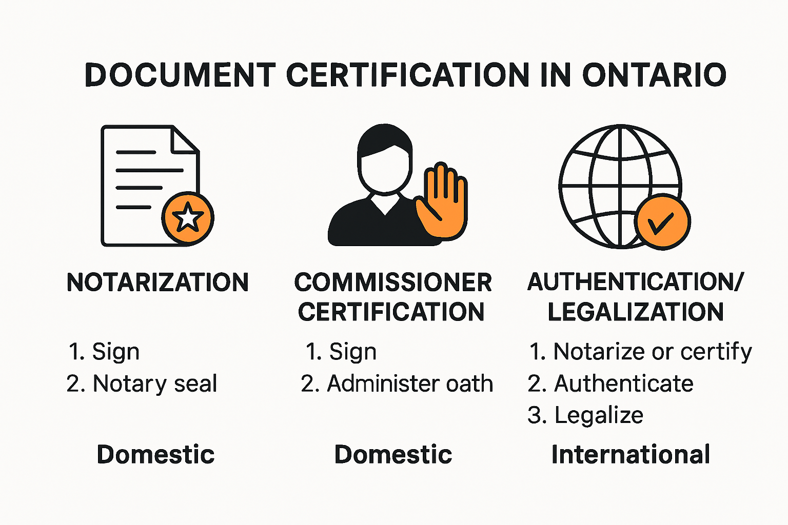Infographic outlining Ontario document certification types and steps