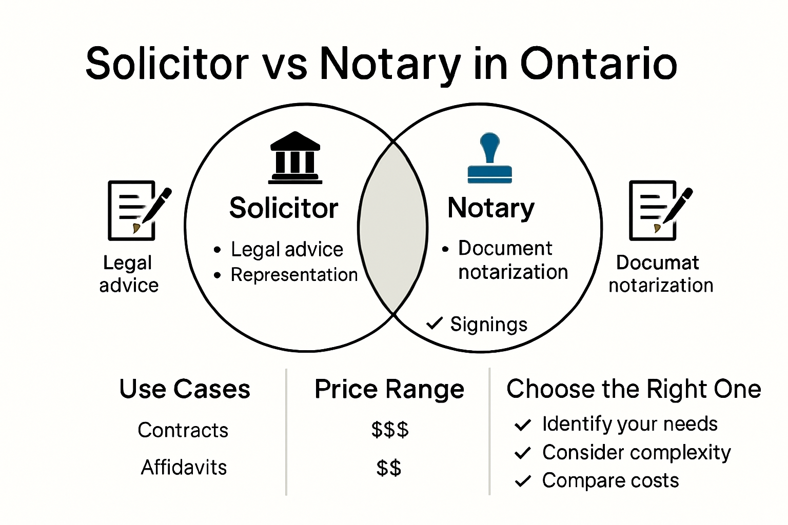 Visual comparison of solicitor and notary services in Ontario
