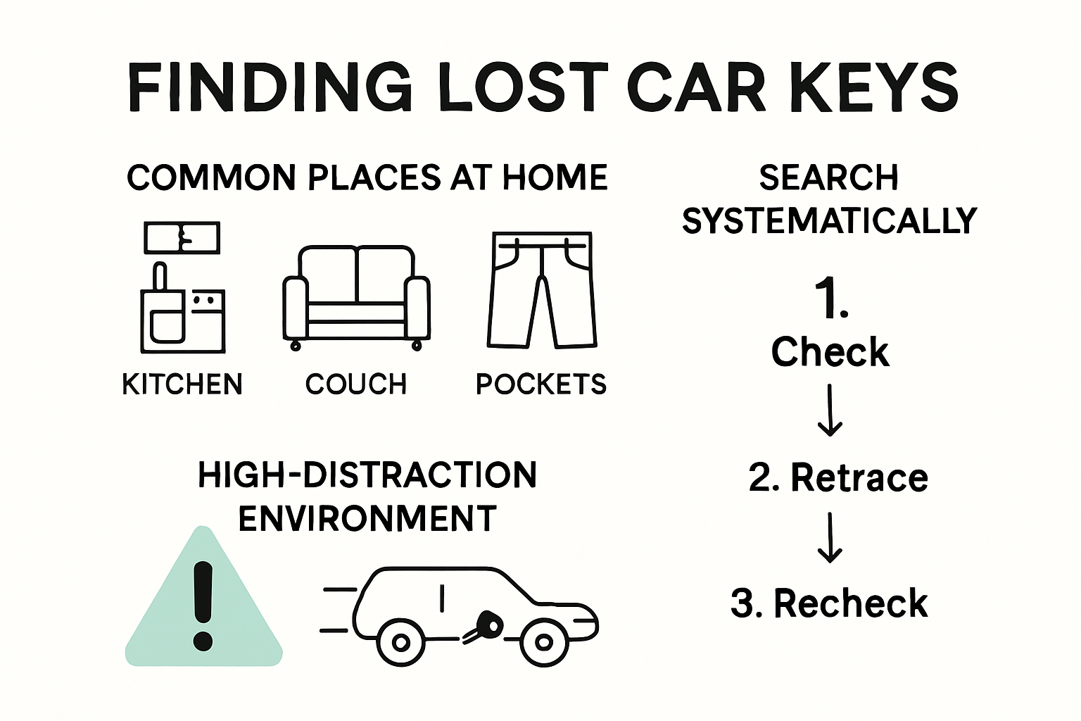 Infographic of common car key loss locations and recovery steps