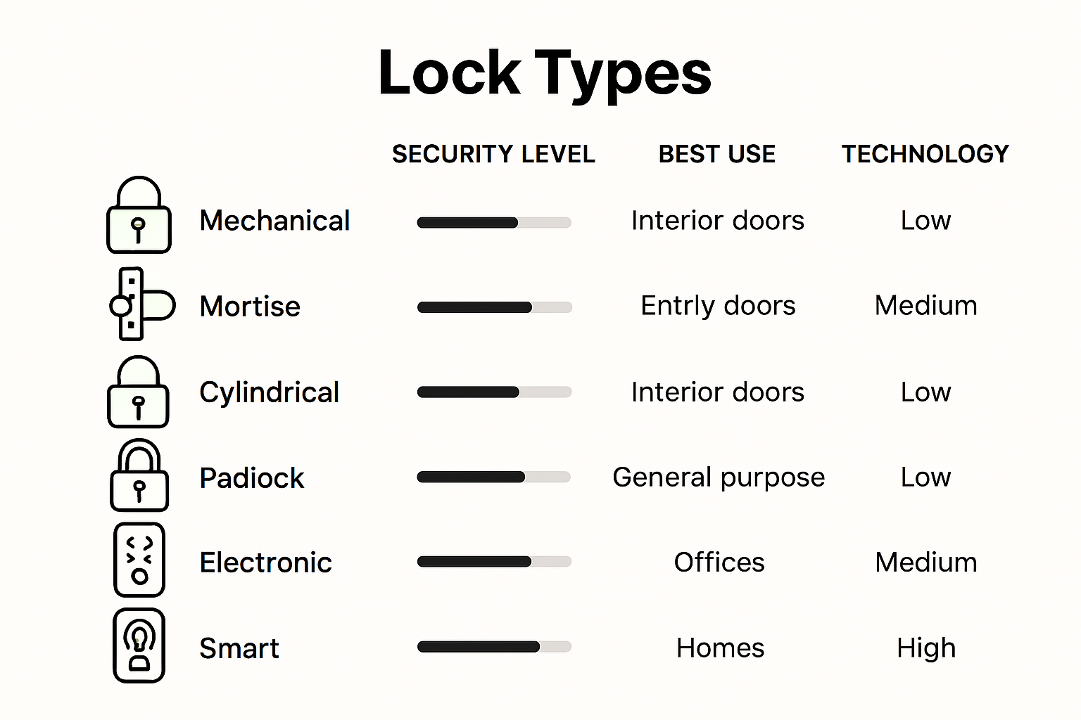 Types of locks and security systems infographic with features and comparisons