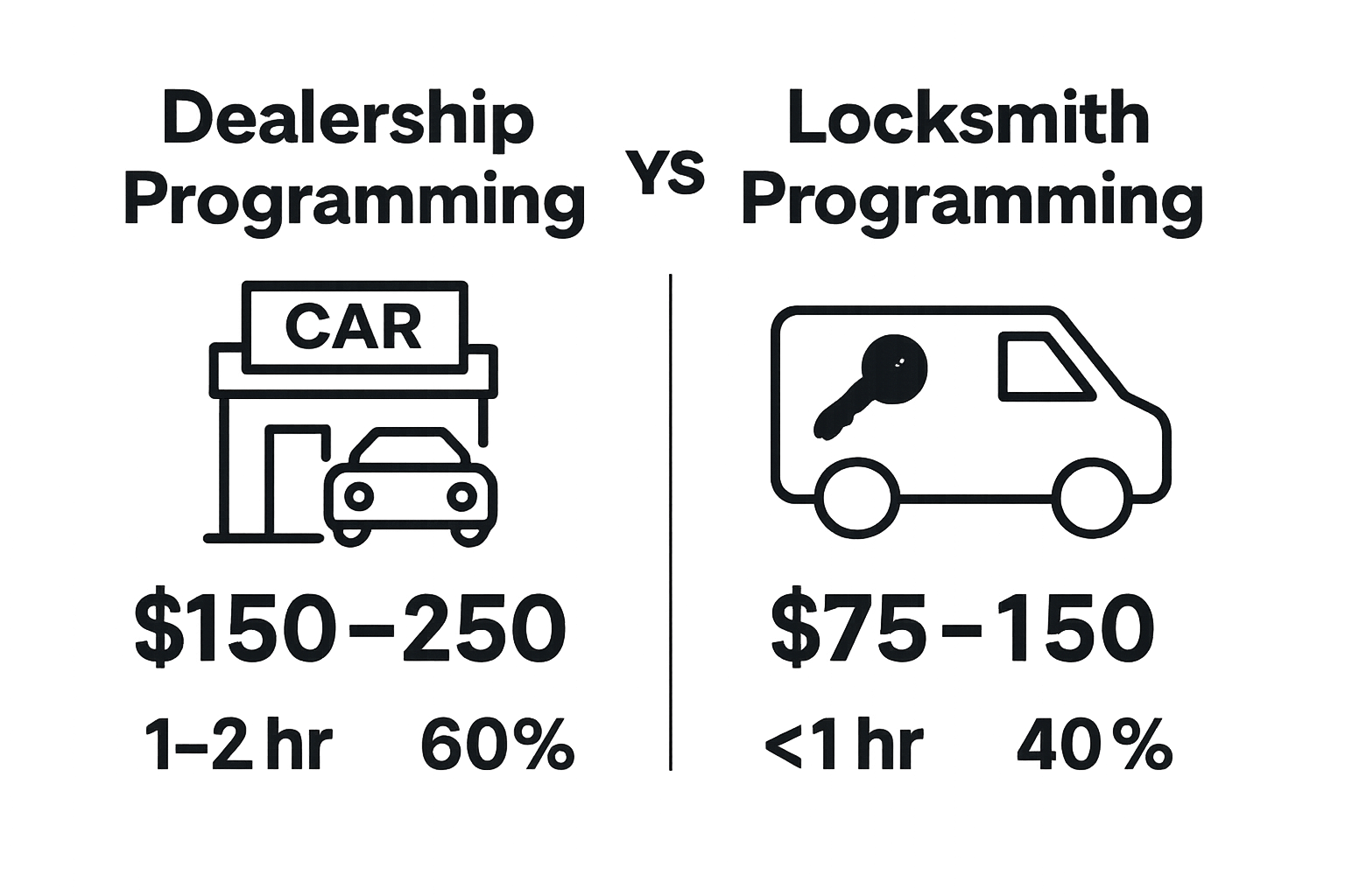 Infographic comparing dealership and locksmith car key programming costs.