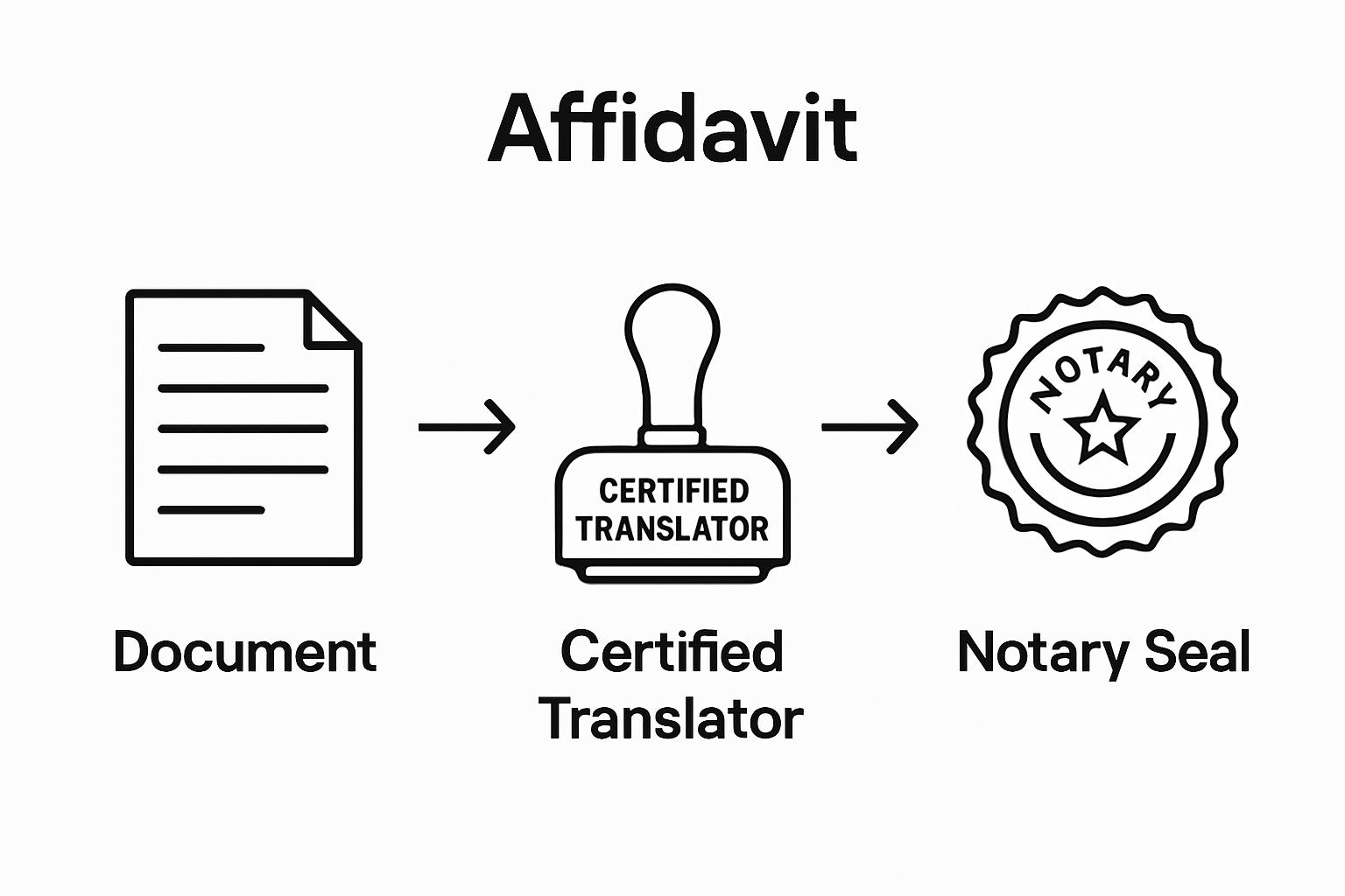 Icons showing document, translator, and notary steps in affidavit process