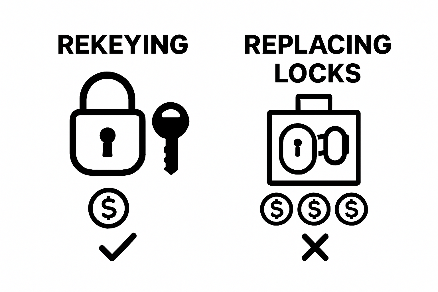Visual comparison between rekeying and replacing locks