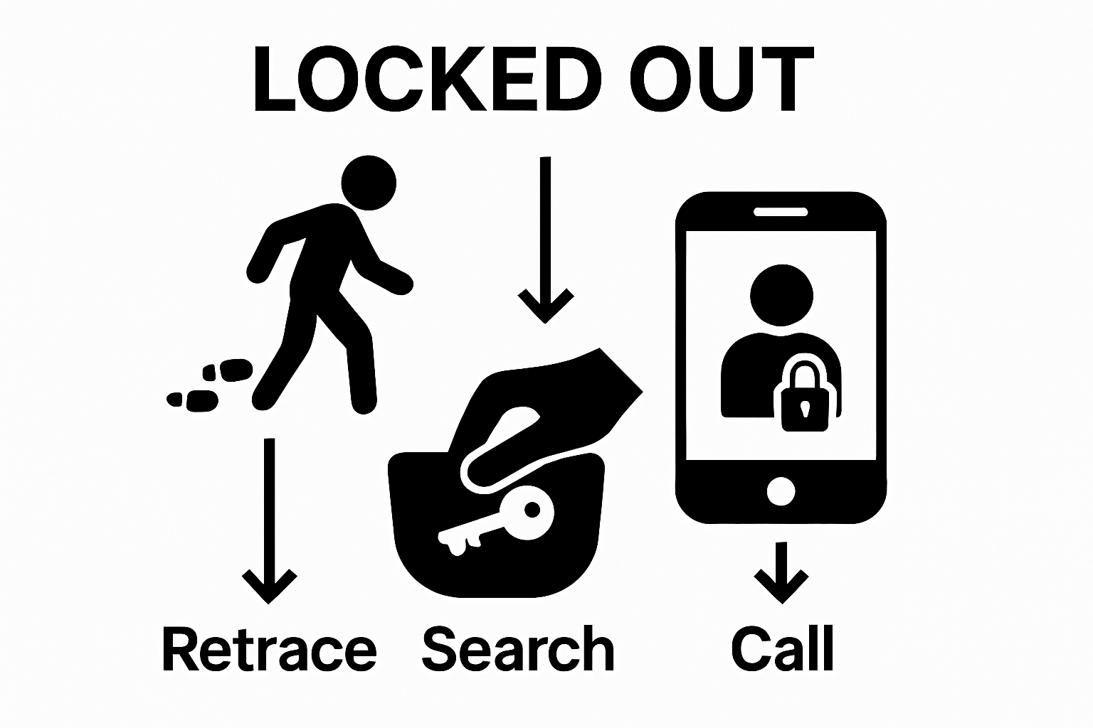 Step-by-step icons for what to do if you lost keys: retrace, search, call locksmith.