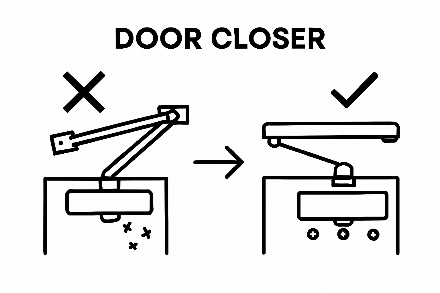 Comparison of incorrect and correct door closer installation with alignment and secure mounting visualized.