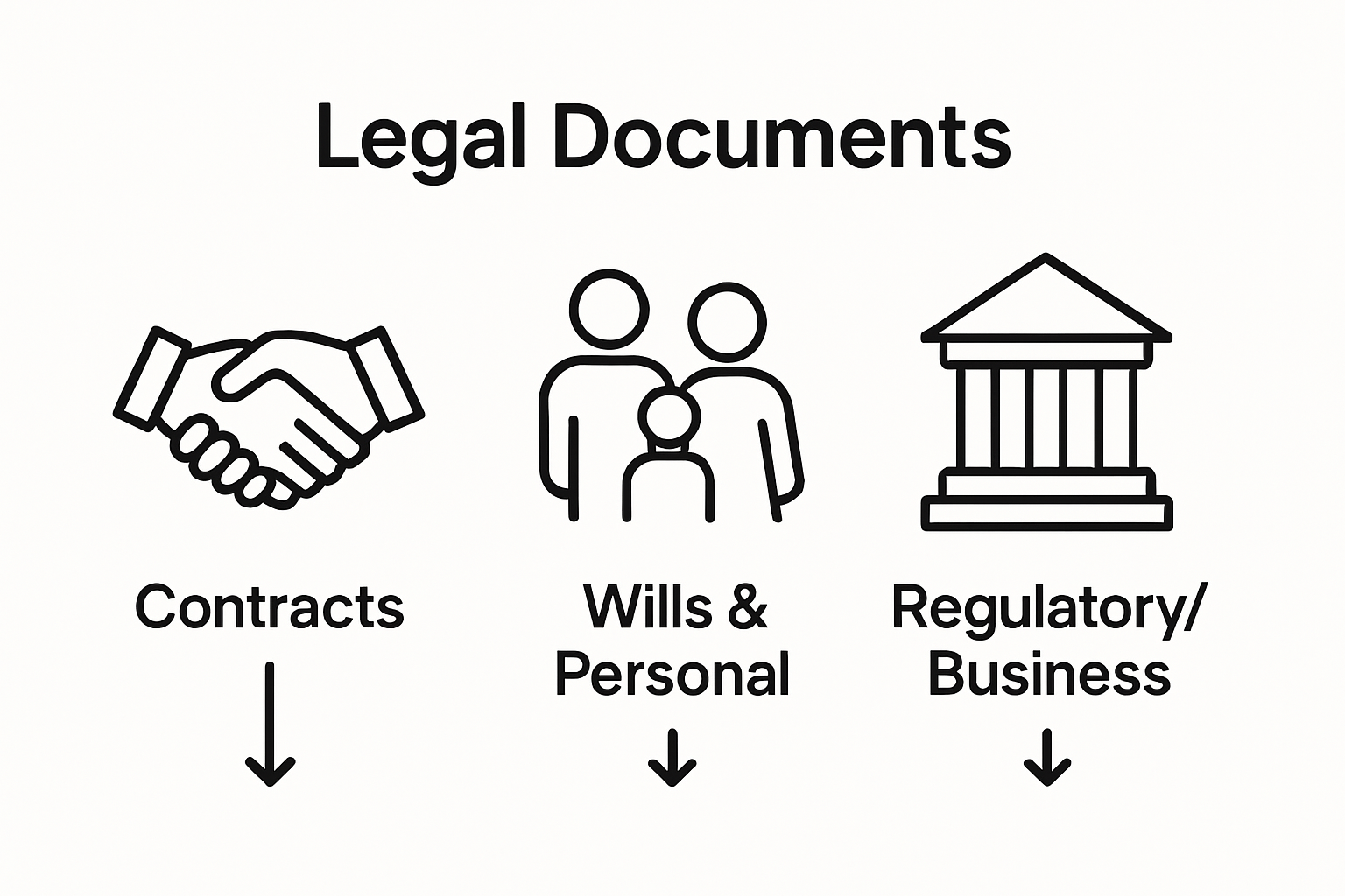 Three icons showing types of legal documents: contracts, personal, regulatory/business