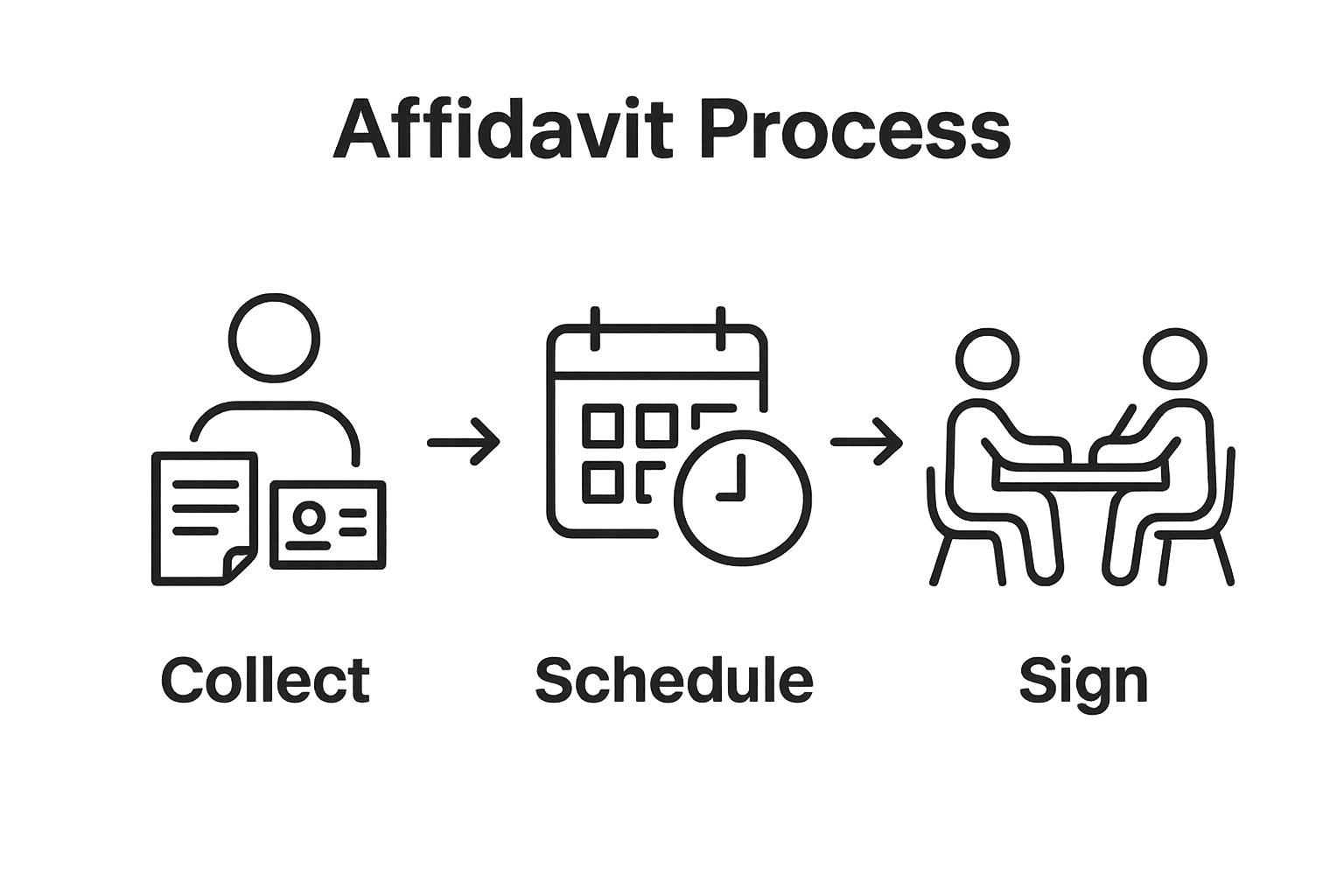 Infographic showing collect documents, schedule appointment, sign affidavit workflow