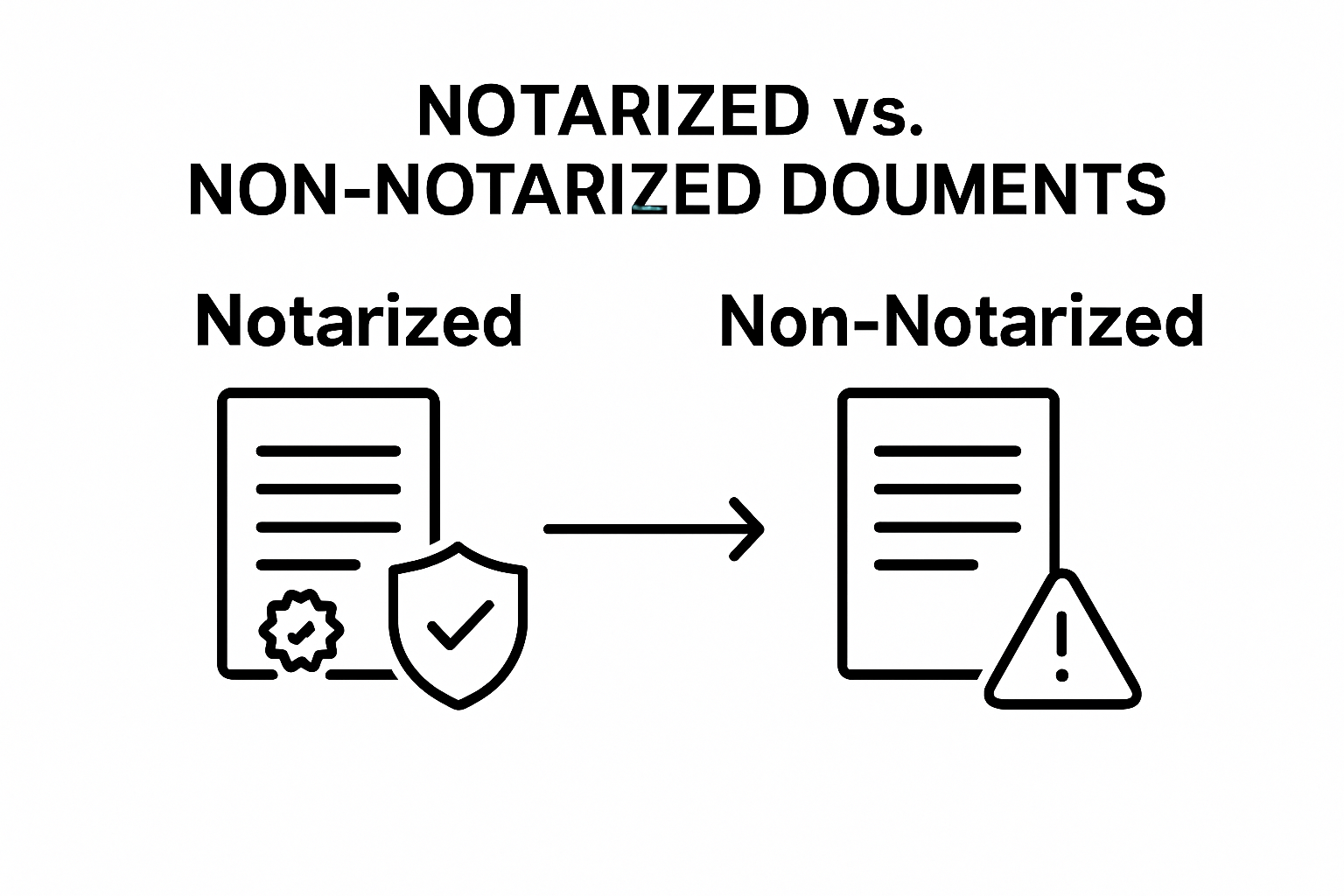 Comparison of notarized and non-notarized documents with simple visual icons