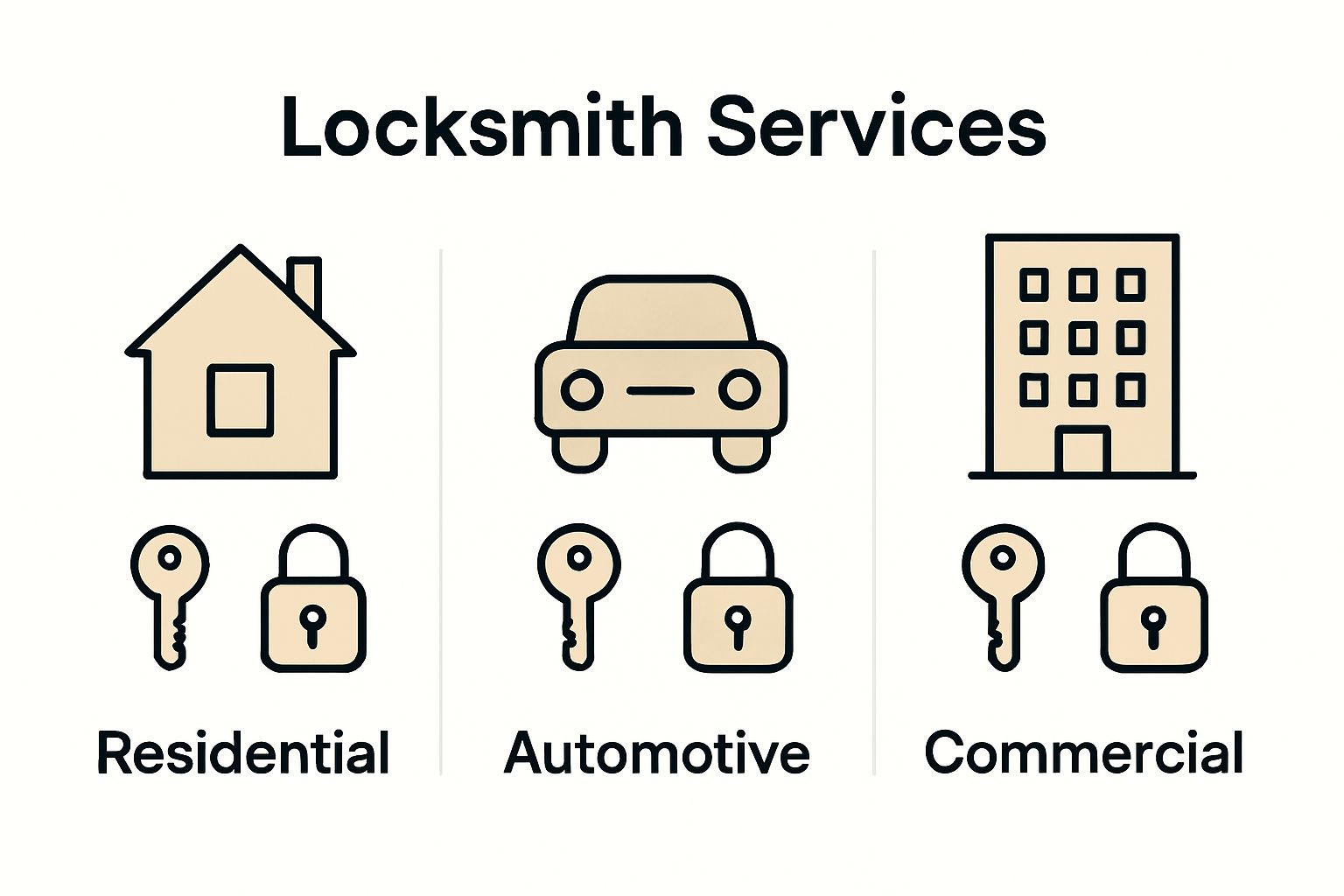 Comparison infographic showing residential, automotive, and commercial locksmith services