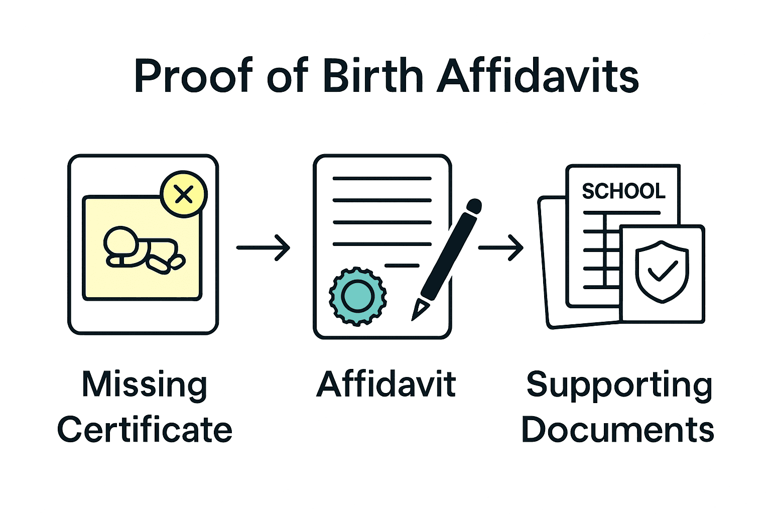 Infographic showing process from lost birth certificate to completed affidavit with supporting documents.