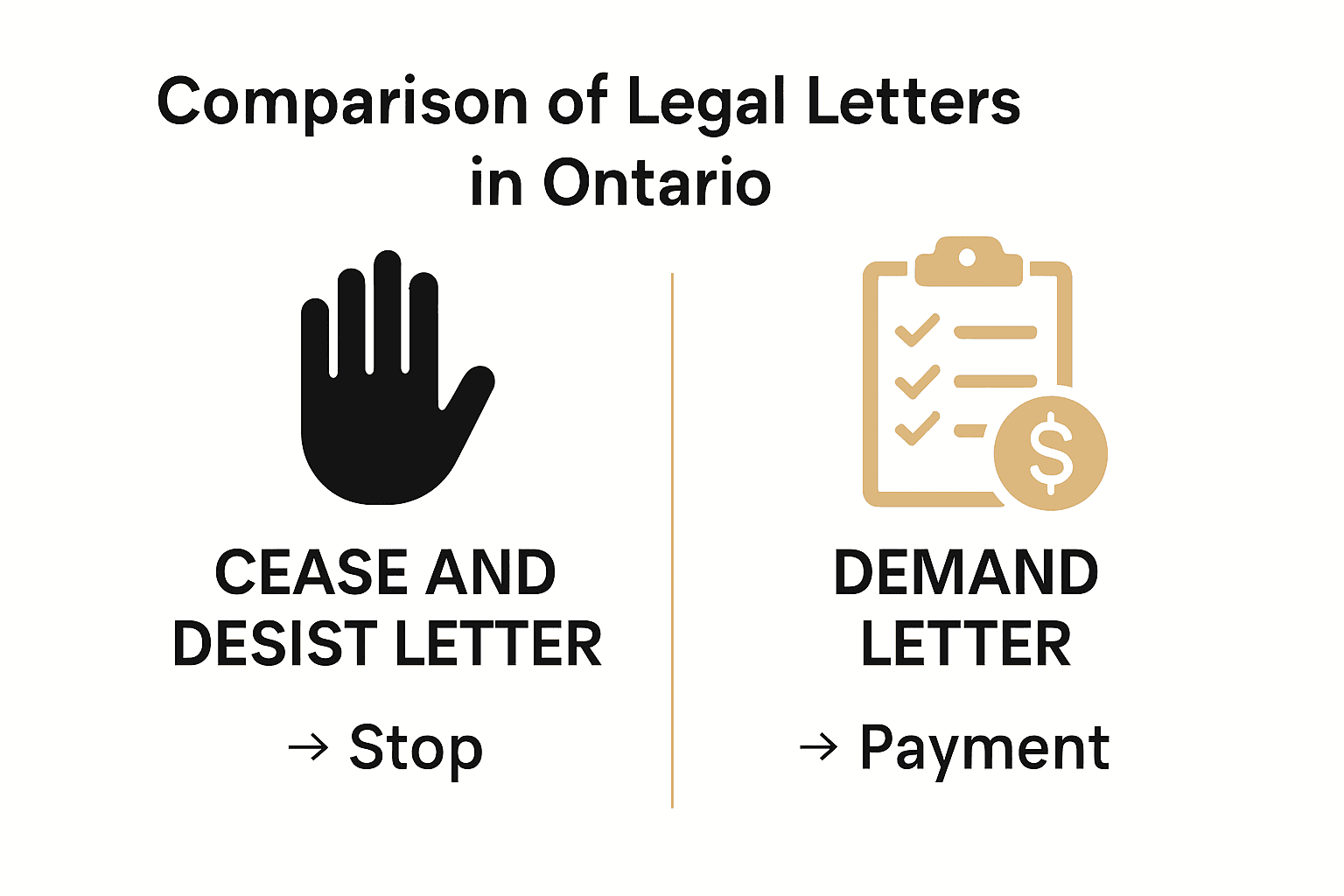 Comparison table infographic of Cease and Desist vs Demand Letters.