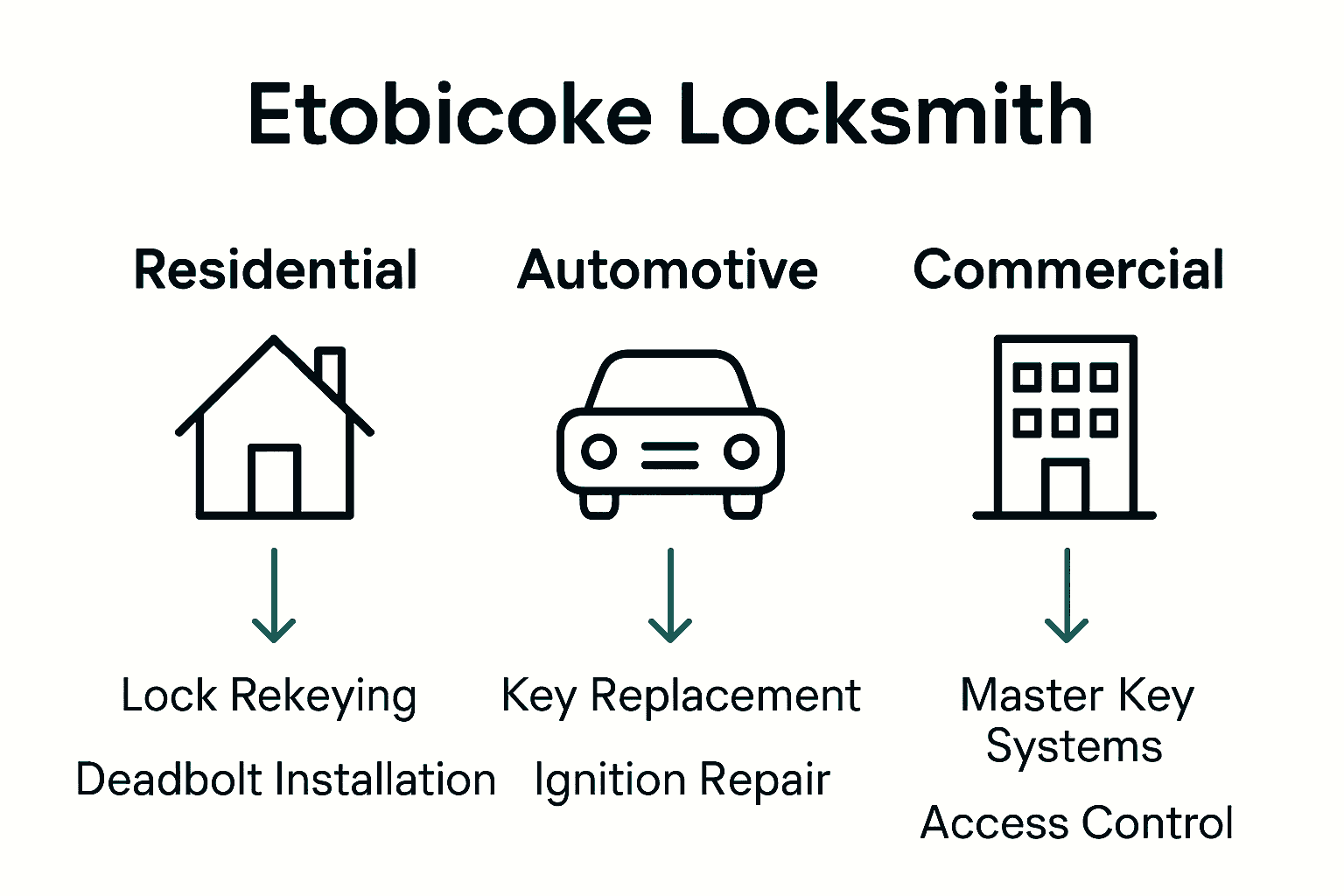 Infographic comparing residential, automotive, and commercial locksmith services by icons and features.