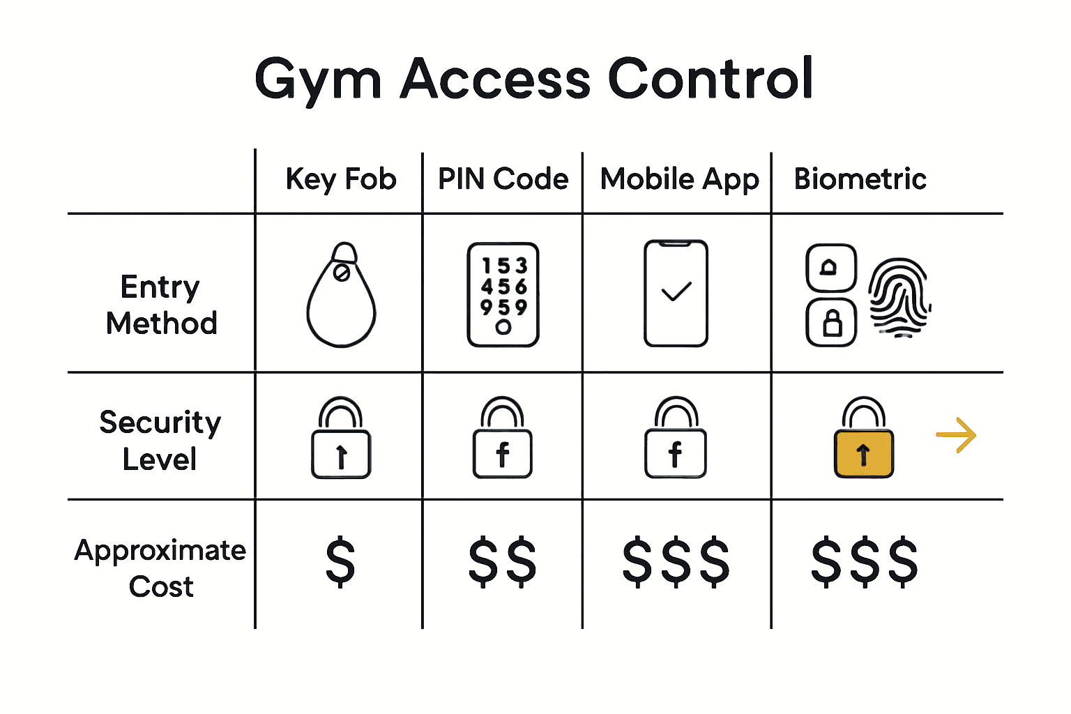 Infographic comparing gym access control system types by features, security, and cost.