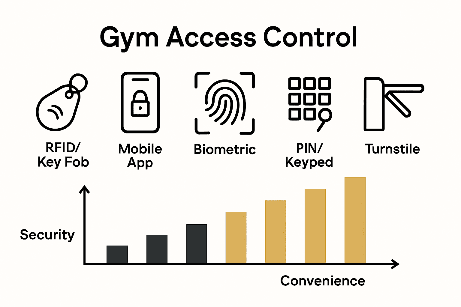Infographic comparing five gym access control system types by security and convenience.