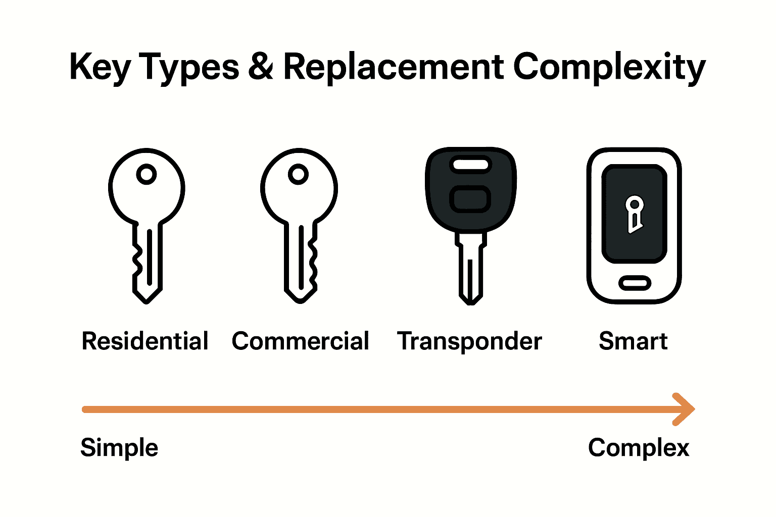 Infographic comparing residential, commercial, transponder, and smart keys by identification and replacement complexity.