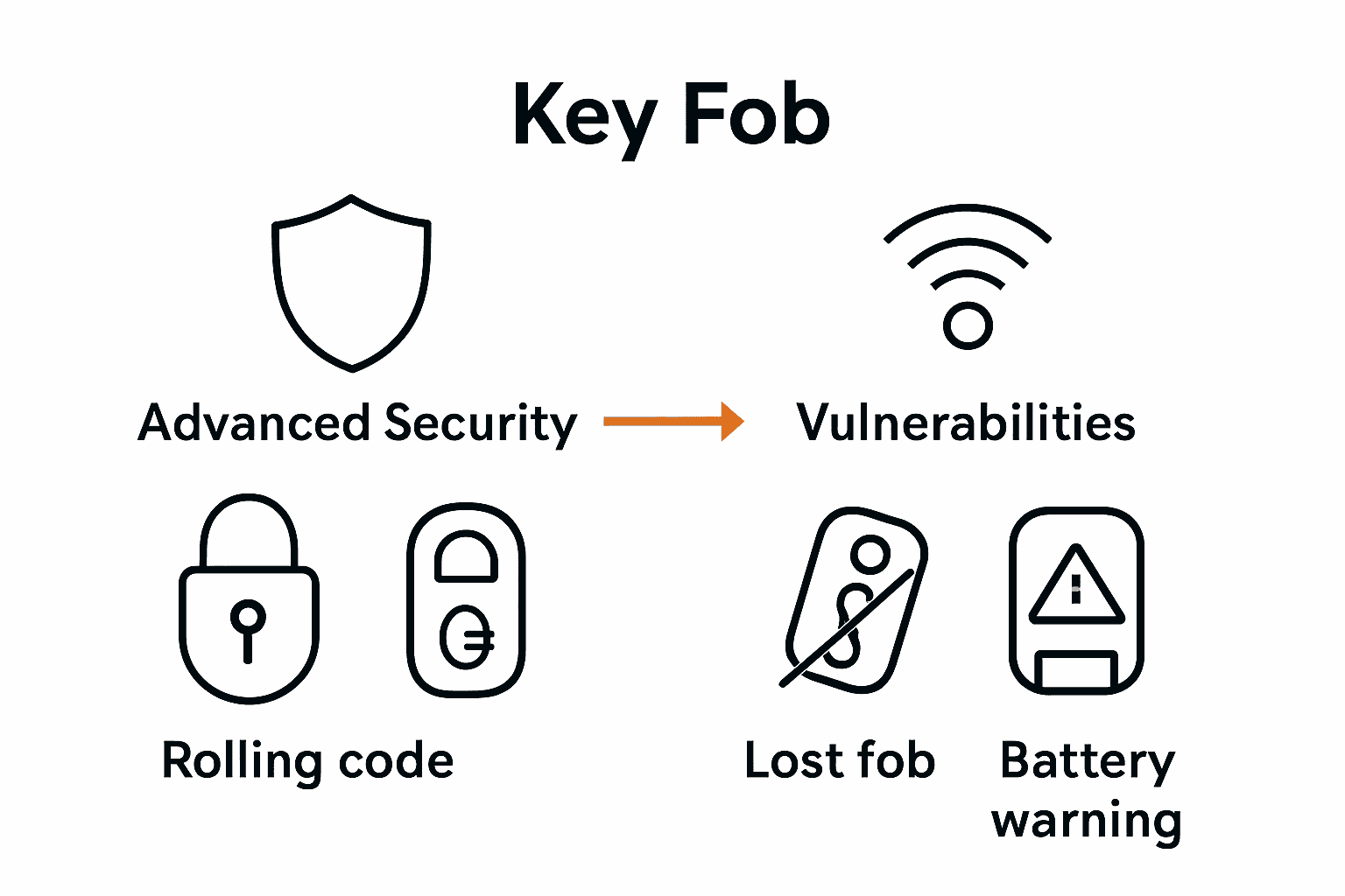 Comparison infographic showing key fob security features versus vulnerabilities.