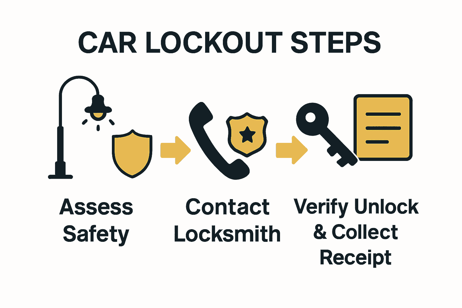 Infographic showing three key steps during a car lockout: assess safety, contact locksmith, verify unlock and collect receipt.