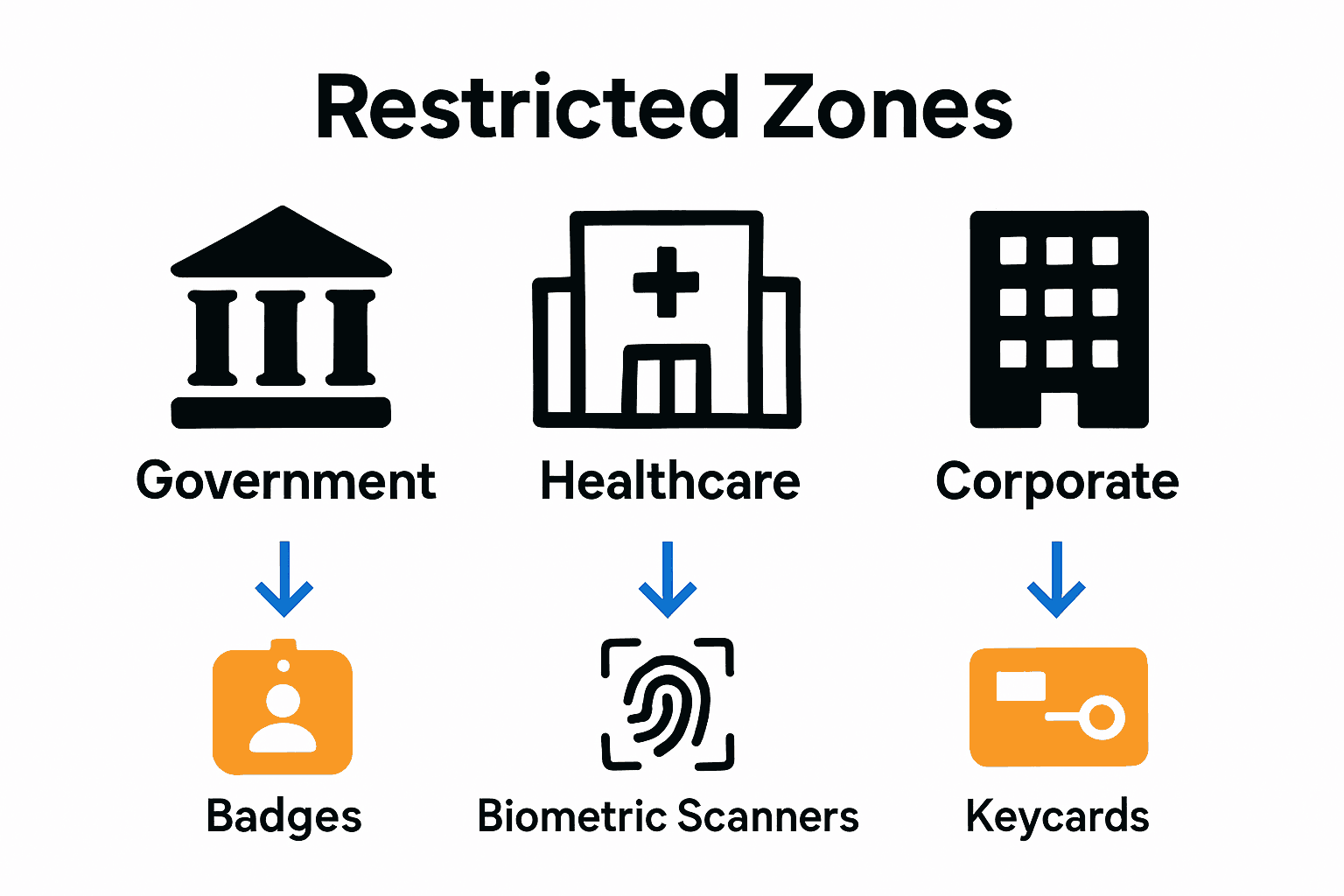 Infographic comparing access controls in government, healthcare, and corporate environments.