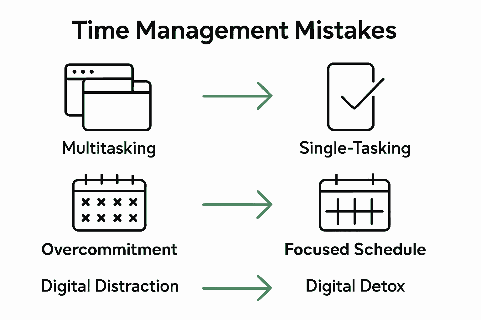 Infographic showing common time management mistakes and their solutions for business owners.
