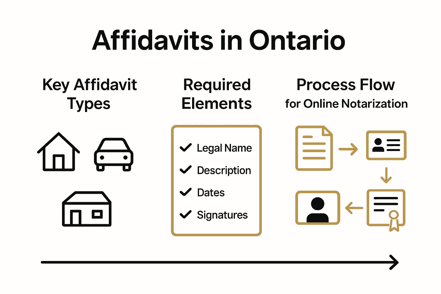 Infographic showing affidavit types, required elements, and online notarization steps in Ontario