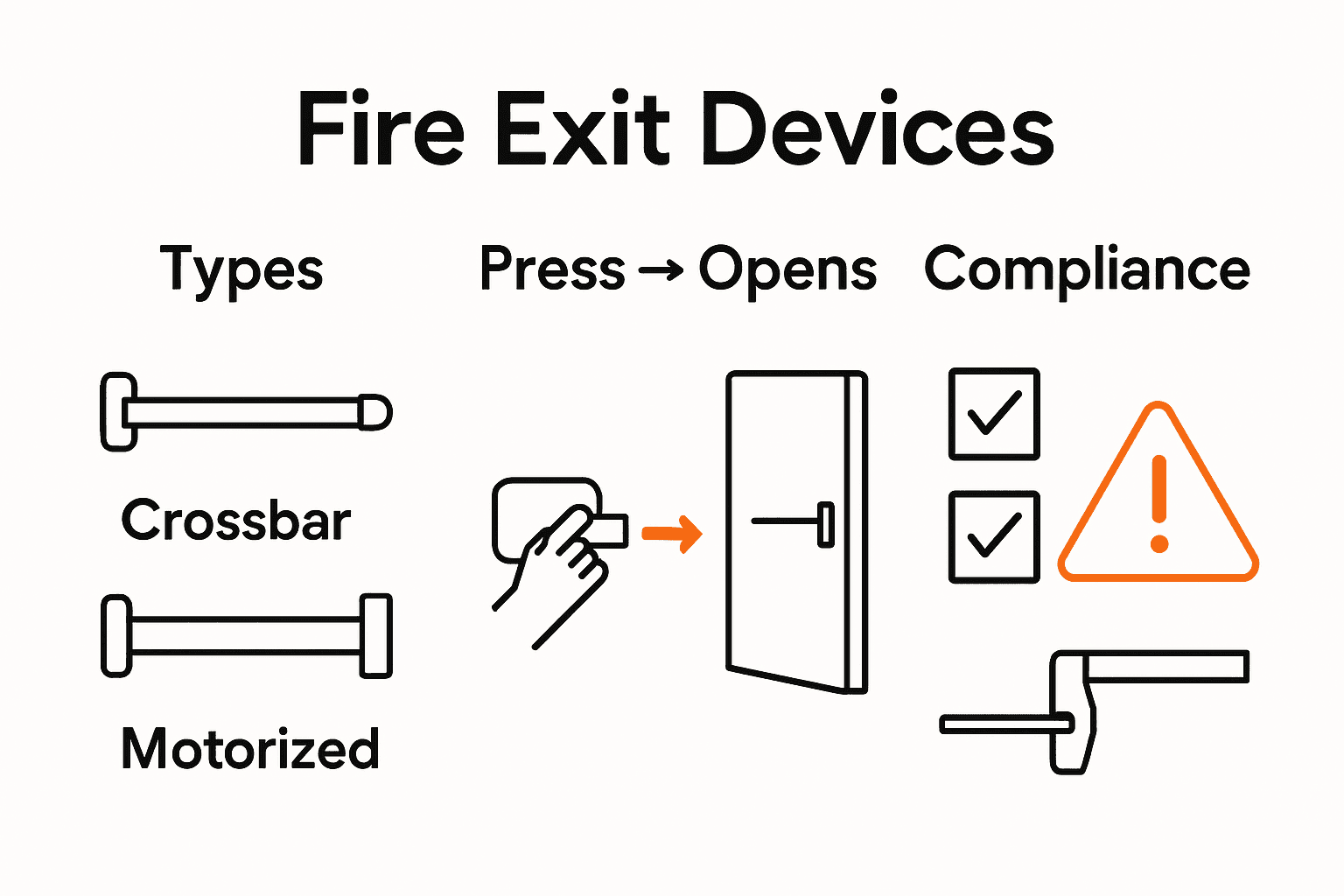 Fire exit device comparison and compliance infographic with device icons and checkboxes