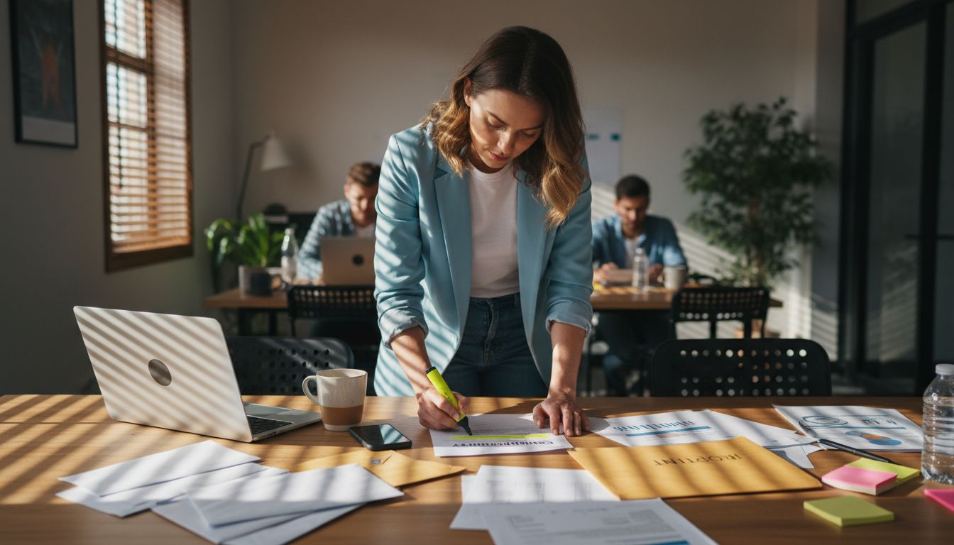 Business owner reviewing certified copy at coworking table