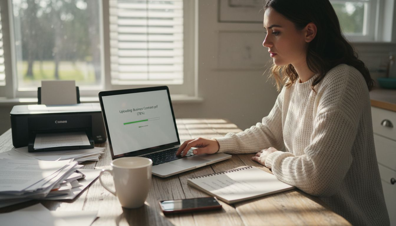 Woman uploading scanned contract by laptop