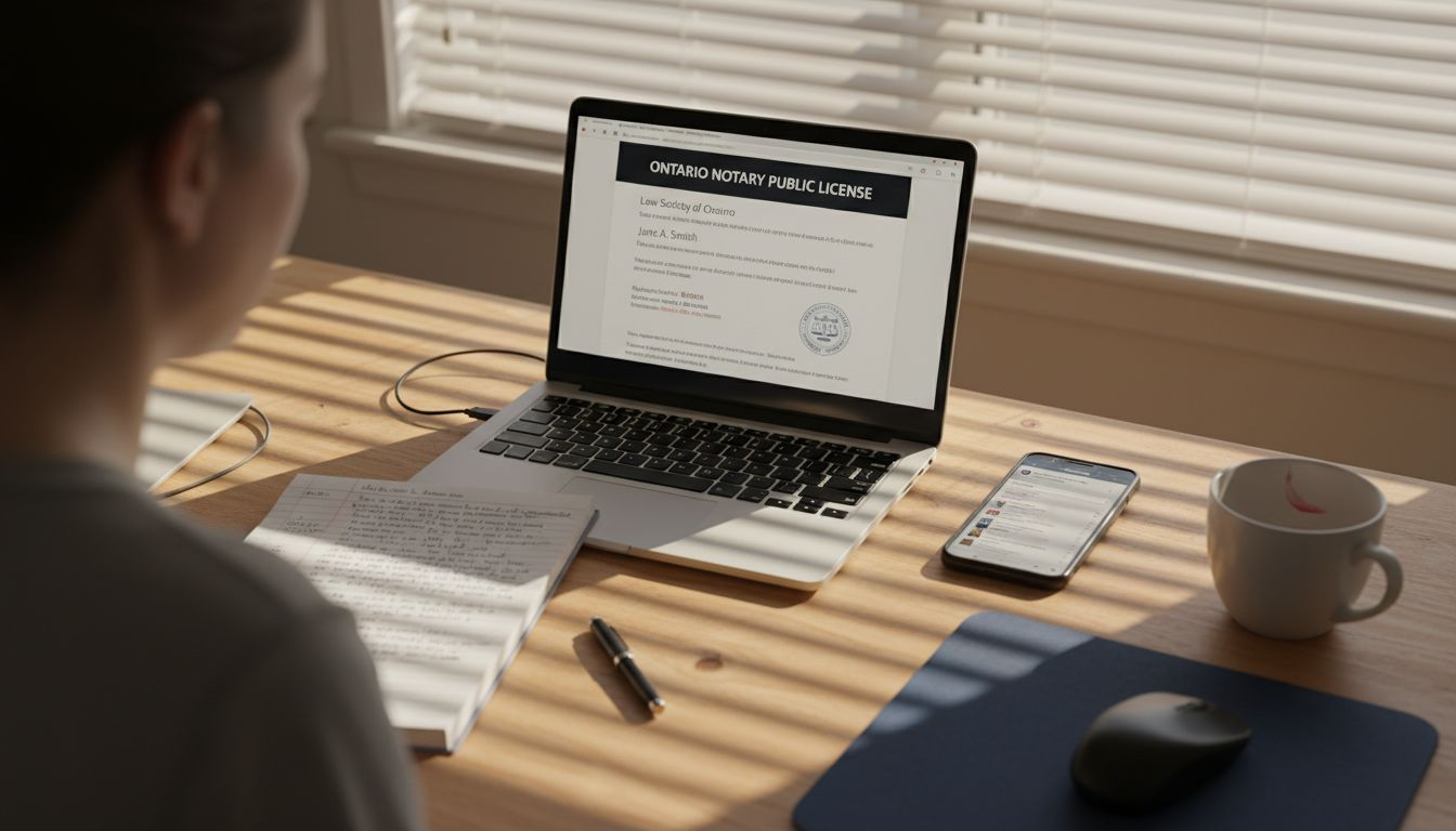 Reviewing Ontario notary license on laptop