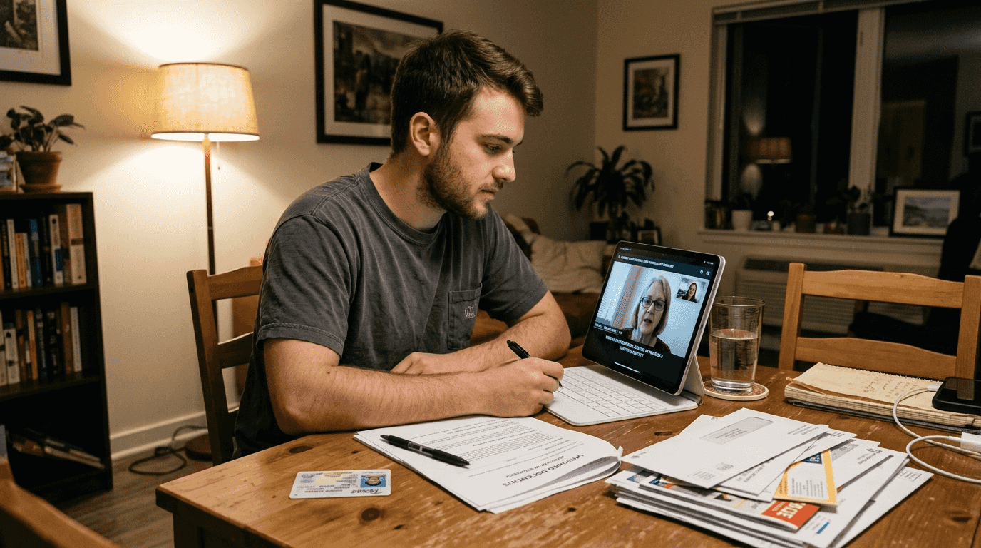 Young adult in remote notary video call