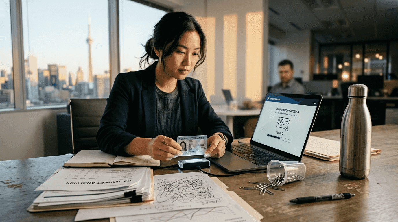 Businesswoman verifying identity for e-notarization