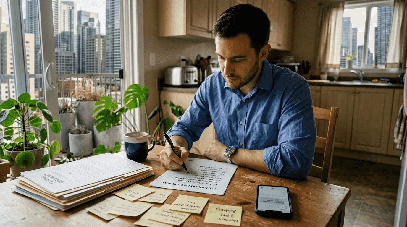 Person preparing documents using notarization checklist