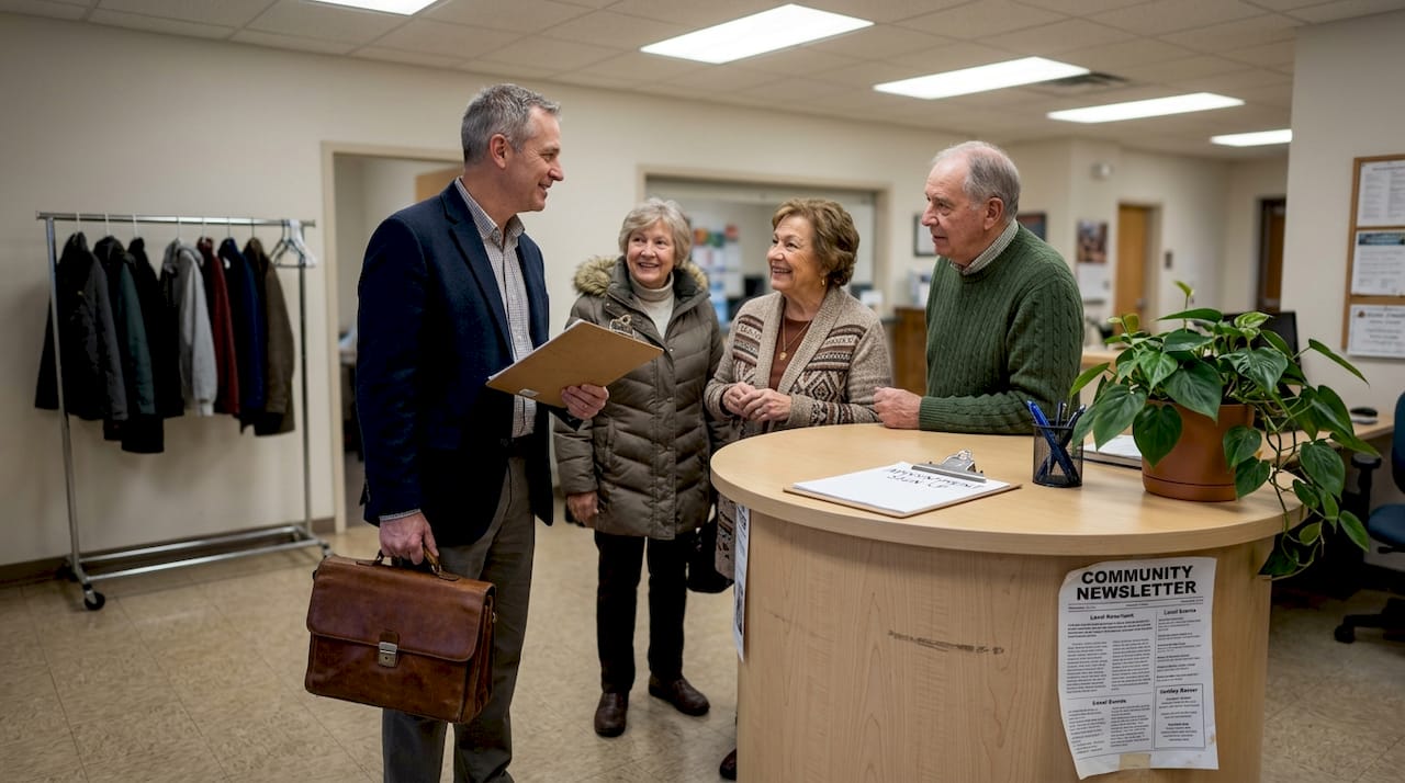 Notary greets seniors at community center desk