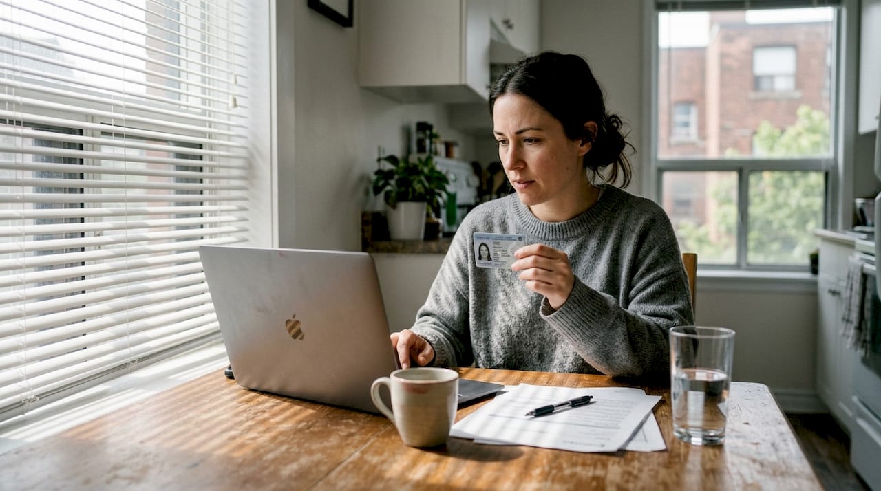 Woman holding photo ID for online notarization