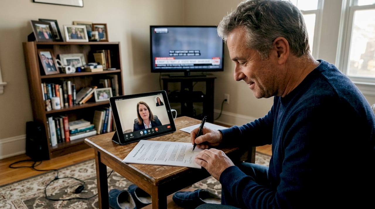Man video conferencing while signing documents