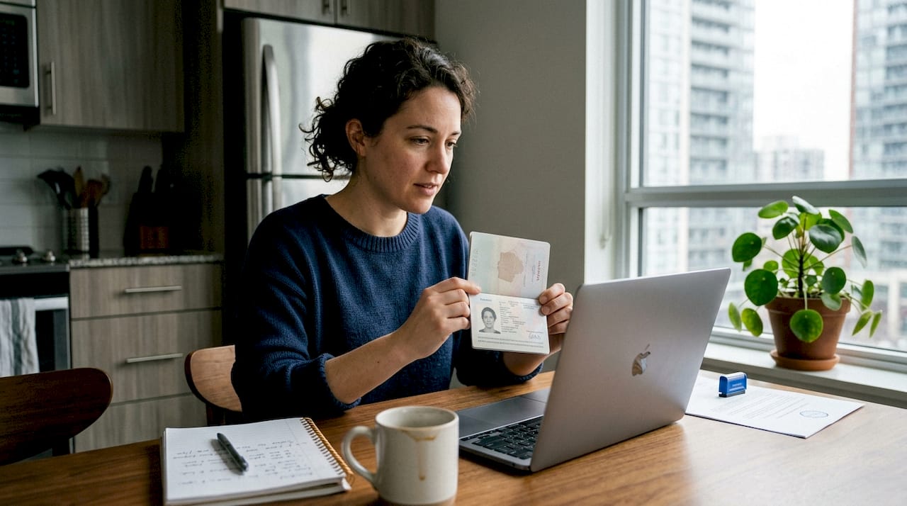 Woman holding passport for online notary session