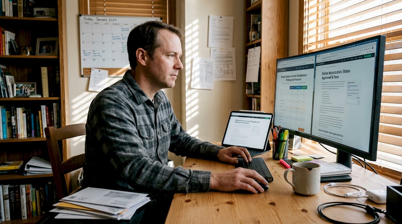 Man comparing virtual notary service providers
