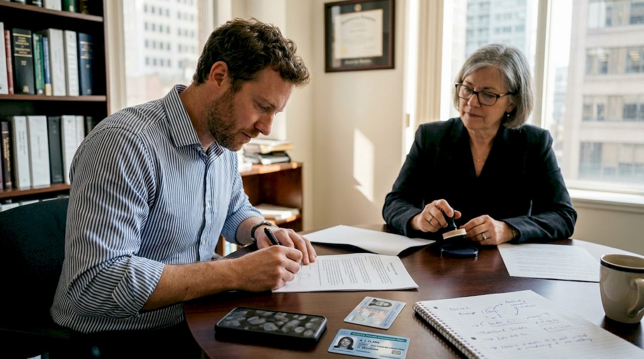 Client signing document with notary public observing