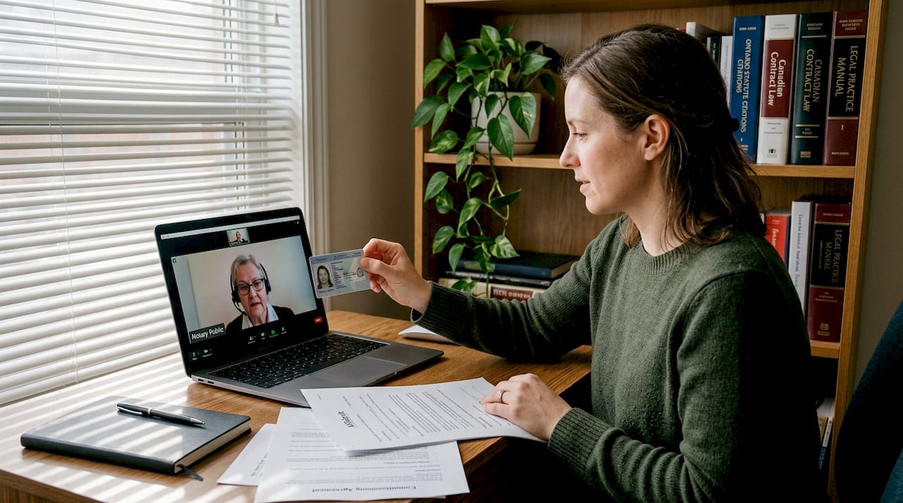 Woman verifying ID online with Ontario notary