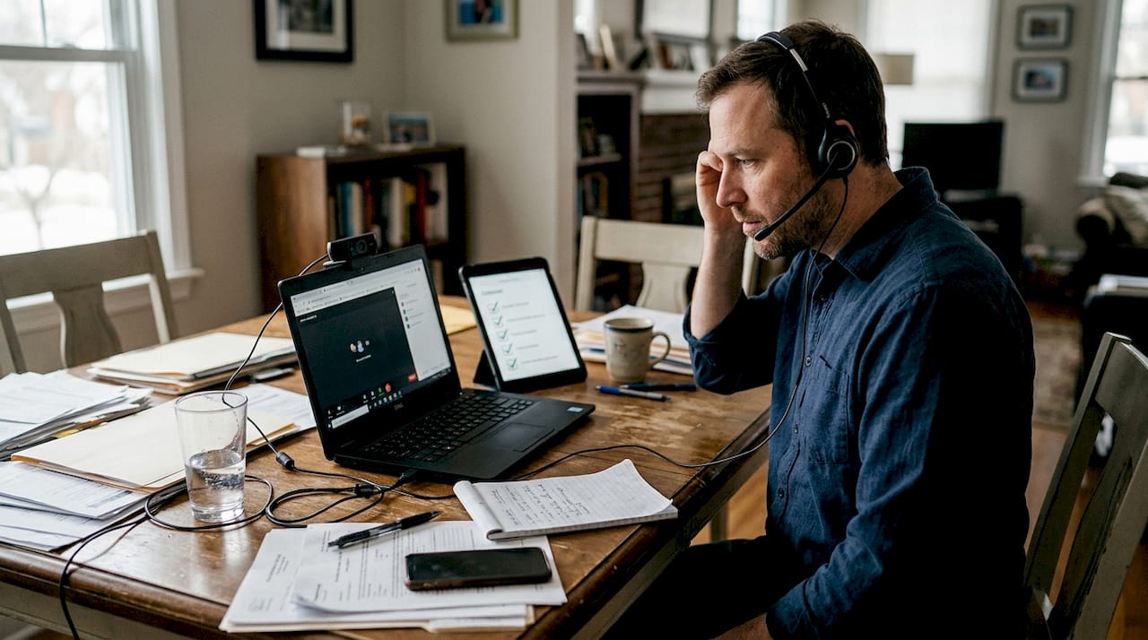 Man at dining table preparing for online notary