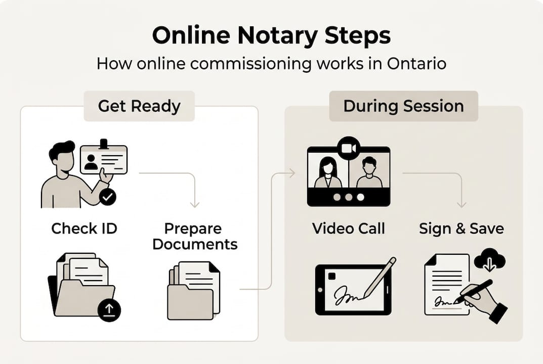 Infographic showing steps in Ontario online notary