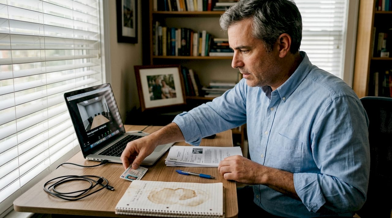 Man organizes paperwork for online notary
