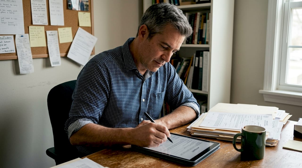 Man digitally signing affidavit in home office