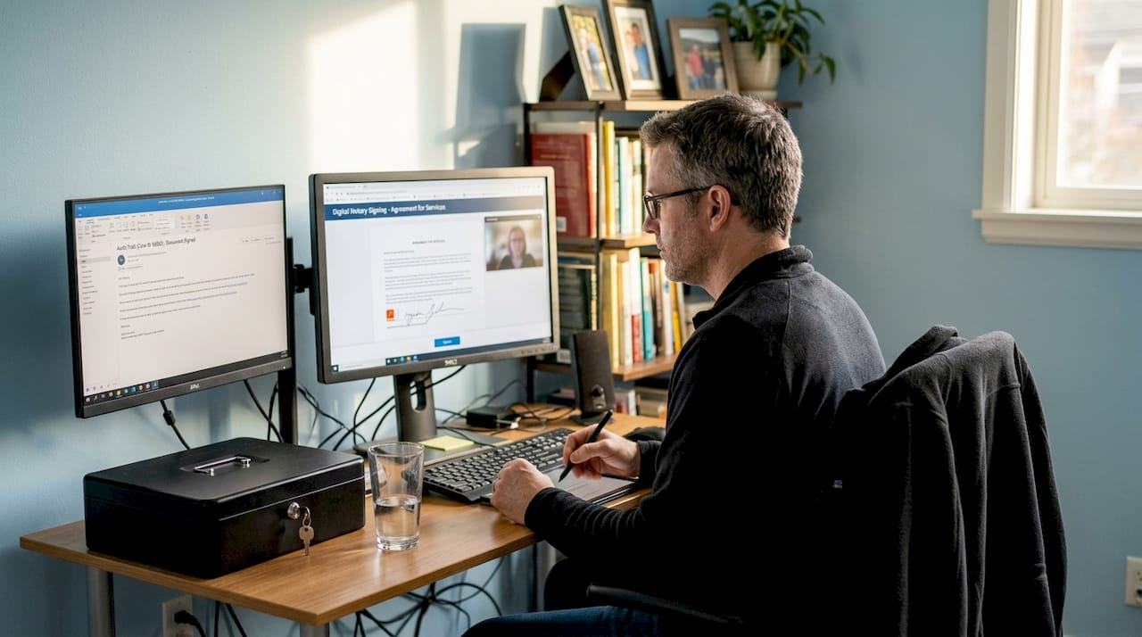 Man signing notarized document securely at home
